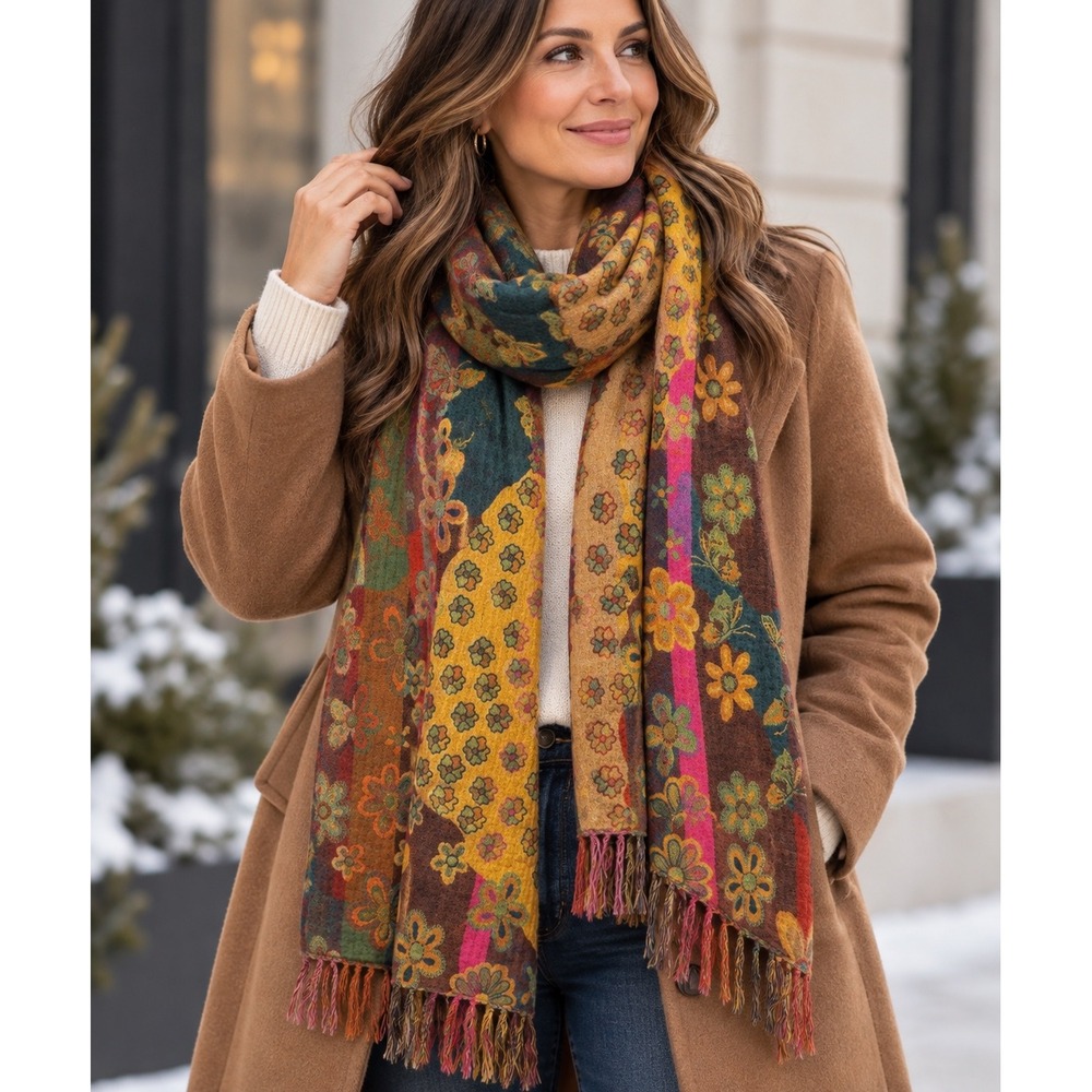 100% Pure Wool Floral Patchwork Fringe Scarf Multicolor Boho Wrap Shawl